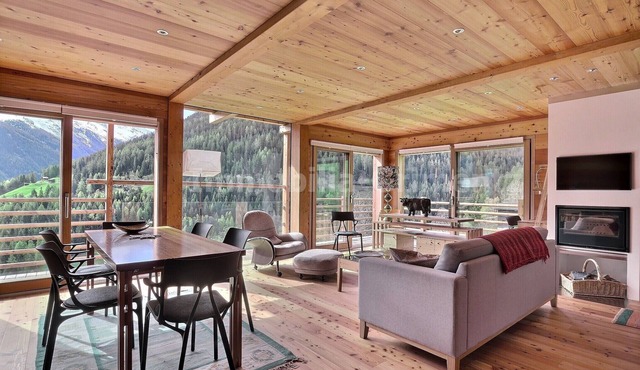 Very comfortable chalet on 3 levels for 8 people, living room with fireplace, kitchen area with dish in Grimentz